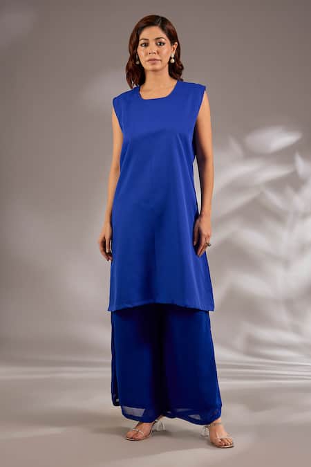 Buy_Studio A_Blue Georgette Sequins Mandarin Collar Embroidered Kaftan With Pant _Online_at_Aza_Fashions