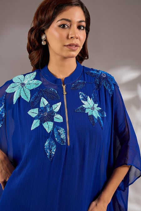 Shop_Studio A_Blue Georgette Sequins Mandarin Collar Embroidered Kaftan With Pant _Online_at_Aza_Fashions