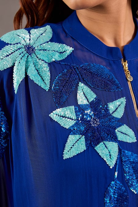 Studio A_Blue Georgette Sequins Mandarin Collar Embroidered Kaftan With Pant _at_Aza_Fashions