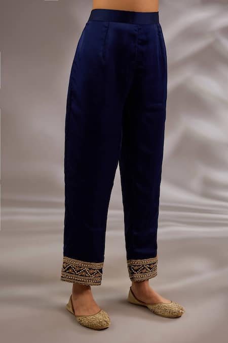 Studio A_Rust Satin, Organza Embroidery V-neck Dori A-line Kurta And Pant Set _Online_at_Aza_Fashions