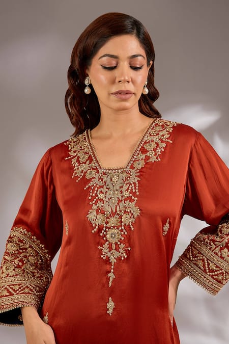Buy_Studio A_Rust Satin, Organza Embroidery V-neck Dori A-line Kurta And Pant Set _Online_at_Aza_Fashions