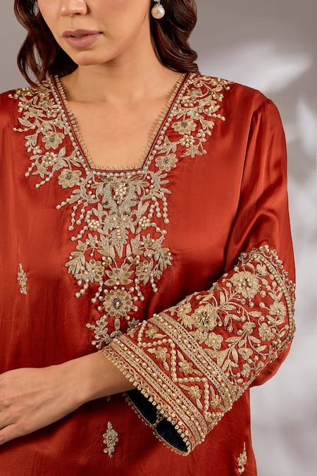 Shop_Studio A_Rust Satin, Organza Embroidery V-neck Dori A-line Kurta And Pant Set _Online_at_Aza_Fashions