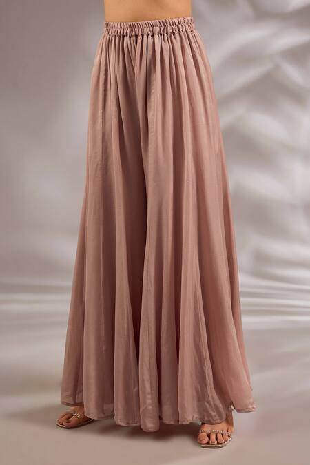 Studio A_Pink Satin, Organza, Net Embroidery V-neck Kurta Sharara Set _Online_at_Aza_Fashions