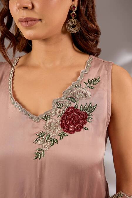 Shop_Studio A_Pink Satin, Organza, Net Embroidery V-neck Kurta Sharara Set _Online_at_Aza_Fashions