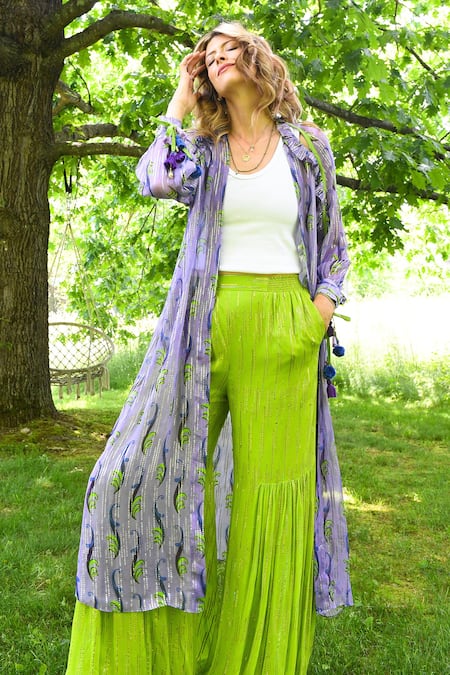 Shop Style Junkiie Purple Ruffled Lurex Duster Jacket Online at Aza Fashions Shop_Style Junkiie_Purple Ruffled Lurex Duster Jacket _Online_at_Aza_Fashions
