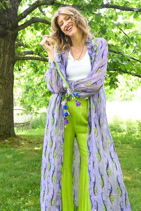 Style Junkiie Purple Ruffled Lurex Duster Jacket at Aza Fashions Style Junkiie_Purple Ruffled Lurex Duster Jacket _at_Aza_Fashions