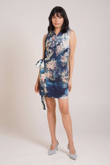 Advait_Multi Color Crepe V-neck Nuri Tie Up Dress _Online_at_Aza_Fashions