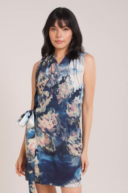 Buy_Advait_Multi Color Crepe V-neck Nuri Tie Up Dress _Online_at_Aza_Fashions