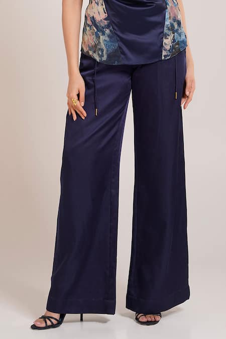 Advait_Blue Crepe, Cotton Satin Cowl Neck Ren Placement Print Top And Pant Set _Online_at_Aza_Fashions