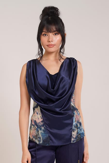 Buy_Advait_Blue Crepe, Cotton Satin Cowl Neck Ren Placement Print Top And Pant Set _Online_at_Aza_Fashions