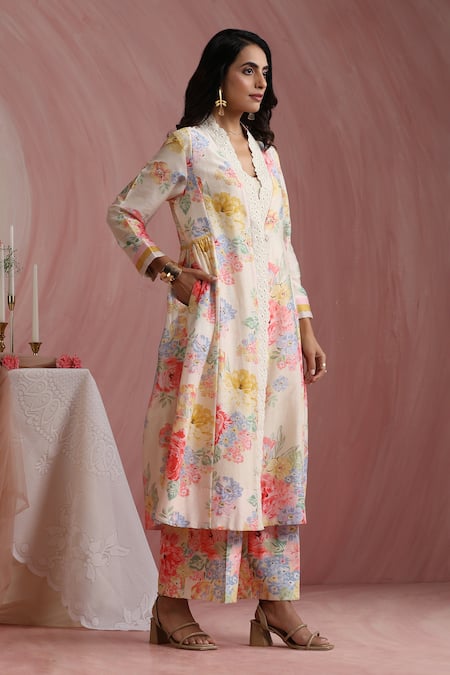 Moh India_Ivory Chanderi Silk, Organza Lace, Rose Mahal Side Gathered Kurta Pant Set _Online_at_Aza_Fashions