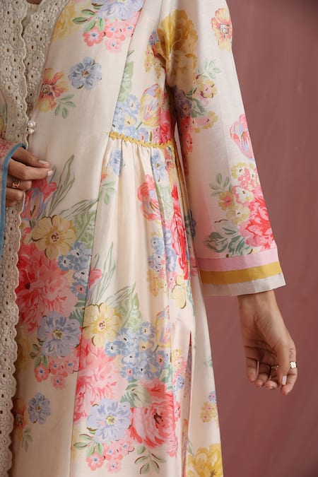 Shop_Moh India_Ivory Chanderi Silk, Organza Lace, Rose Mahal Side Gathered Kurta Pant Set _Online_at_Aza_Fashions