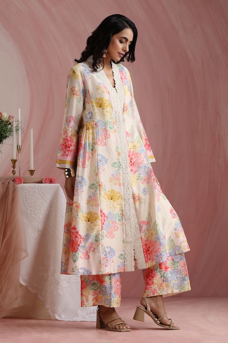 Moh India_Ivory Chanderi Silk, Organza Lace, Rose Mahal Side Gathered Kurta Pant Set _at_Aza_Fashions