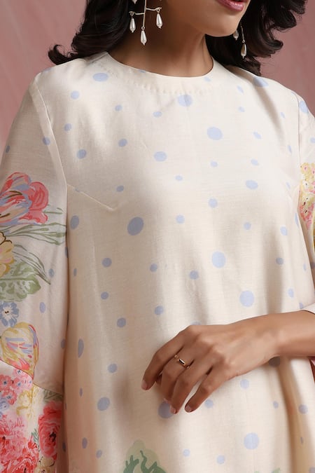 Moh India_Ivory Chanderi Silk, Organza Round Neck Rose Mahal Kurta Pant Set _Online_at_Aza_Fashions