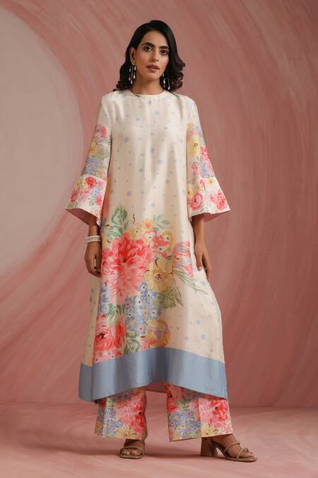 Buy_Moh India_Ivory Chanderi Silk, Organza Round Neck Rose Mahal Kurta Pant Set _Online_at_Aza_Fashions