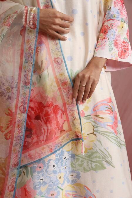 Shop_Moh India_Ivory Chanderi Silk, Organza Round Neck Rose Mahal Kurta Pant Set _Online_at_Aza_Fashions