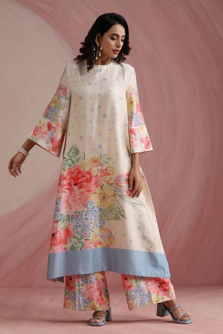 Moh India_Ivory Chanderi Silk, Organza Round Neck Rose Mahal Kurta Pant Set _at_Aza_Fashions