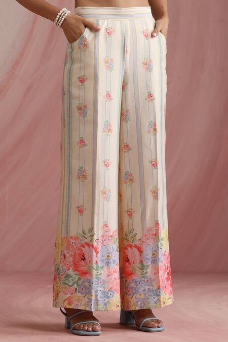 Buy_Moh India_Ivory Chanderi Silk, Organza Round Neck Rose Mahal Kurta Pant Set 