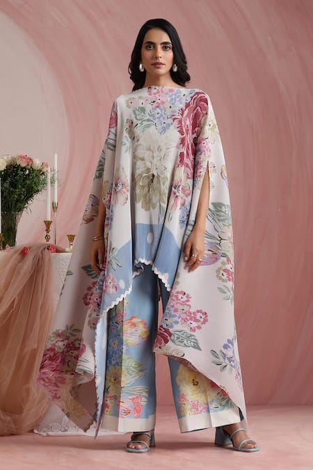 Buy_Moh India_Multi Color Chanderi Silk Round Neck Rose Mahal Cape And Pant Set _Online_at_Aza_Fashions