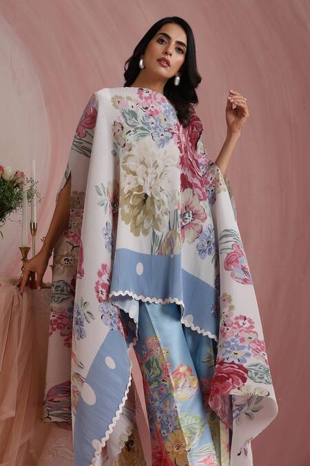 Shop_Moh India_Multi Color Chanderi Silk Round Neck Rose Mahal Cape And Pant Set _Online_at_Aza_Fashions