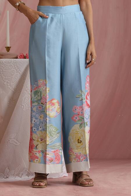 Moh India_Multi Color Chanderi Silk Round Neck Rose Mahal Cape And Pant Set _at_Aza_Fashions