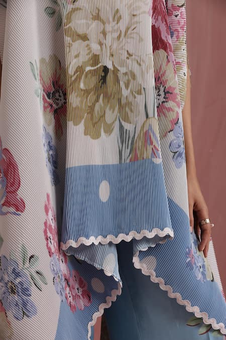 Buy_Moh India_Multi Color Chanderi Silk Round Neck Rose Mahal Cape And Pant Set 