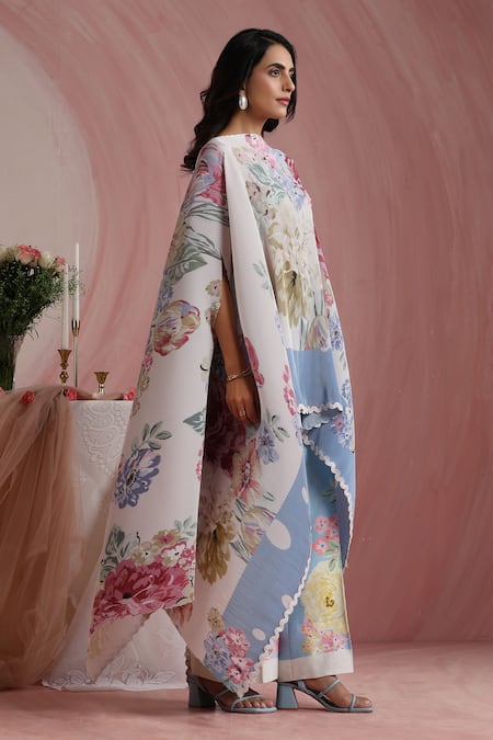 Moh India_Multi Color Satin, Polyester Round Neck Rose Mahal Ivory Cape _Online_at_Aza_Fashions