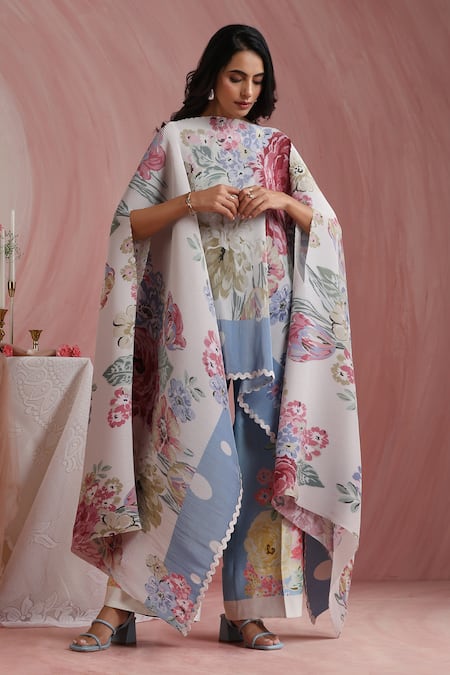 Buy_Moh India_Multi Color Satin, Polyester Round Neck Rose Mahal Ivory Cape _Online_at_Aza_Fashions