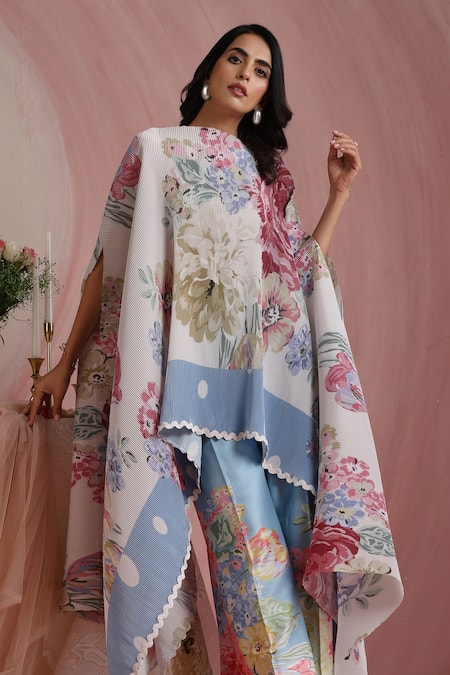 Shop_Moh India_Multi Color Satin, Polyester Round Neck Rose Mahal Ivory Cape _Online_at_Aza_Fashions