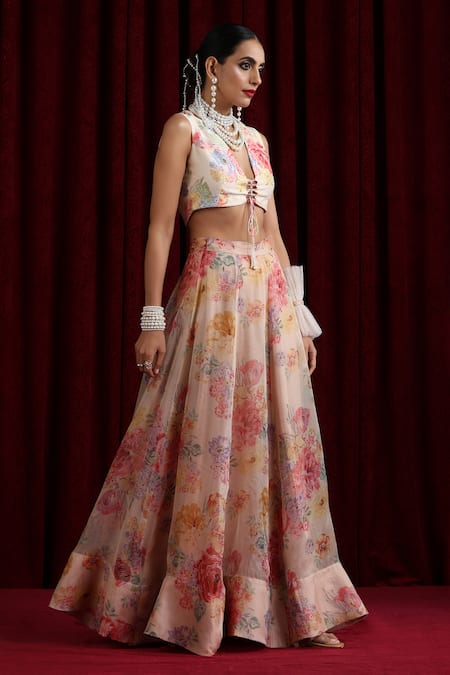 Shop_Moh India_Ivory Organza, Chanderi Silk Piping V-neck Rose Mahal Embroidered Lehenga Set _Online_at_Aza_Fashions