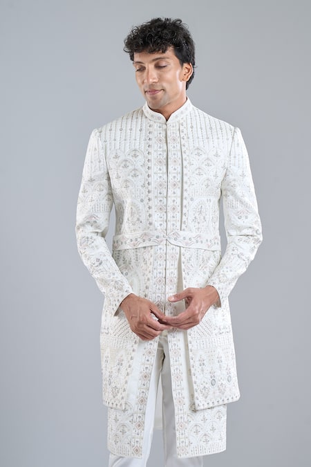 Arihant Rai Sinha_Cream Silk Sequins, Embroidery Floral Sherwani Set _at_Aza_Fashions