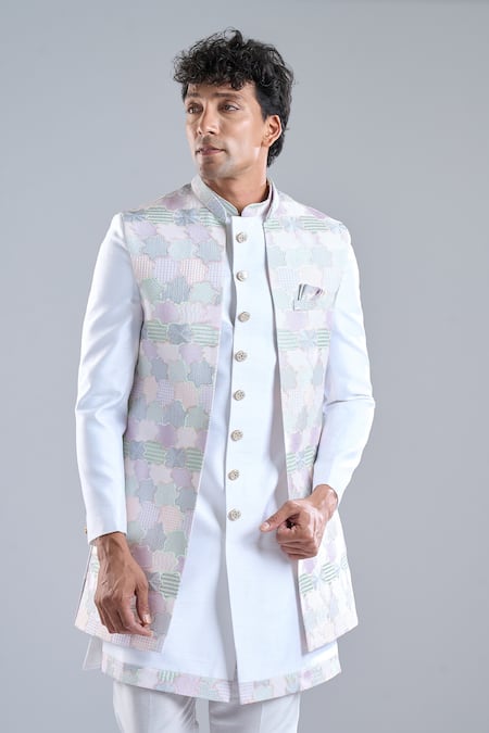 Arihant Rai Sinha_White Silk Embroidery Bundi And Kurta Set _at_Aza_Fashions