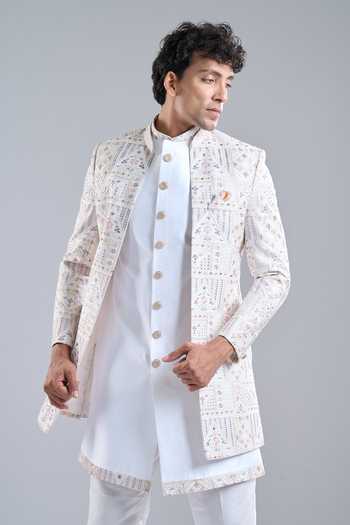 Arihant Rai Sinha_White Silk Embroidery Leaf Sherwani Kurta Set _at_Aza_Fashions