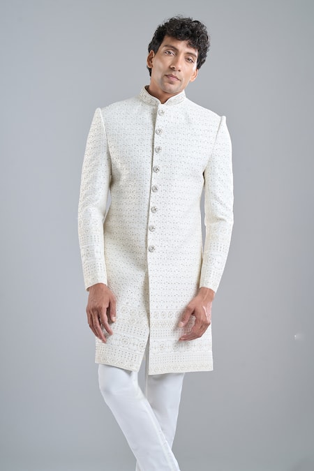 Arihant Rai Sinha Cream Satin Embroidery Geometric Sherwani Set at Aza Fashions Arihant Rai Sinha_Cream Satin Embroidery Geometric Sherwani Set _at_Aza_Fashions