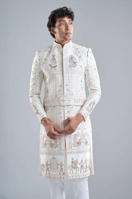 Arihant Rai Sinha Cream Silk Embroidery Florette Sherwani Set at Aza Fashions Arihant Rai Sinha_Cream Silk Embroidery Florette Sherwani Set _at_Aza_Fashions