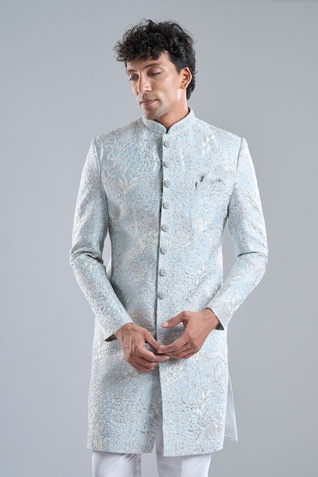 Arihant Rai Sinha_White Silk Embroidery, Zari Floral Sherwani And Pant Set _at_Aza_Fashions
