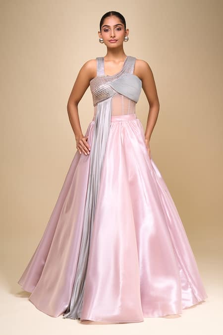 Amit Aggarwal Pink Asymmetric Rose Draped Gown 