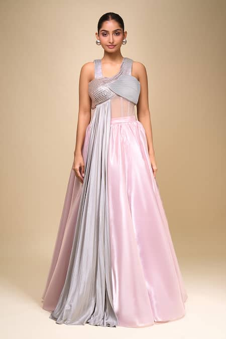 Buy_Amit Aggarwal_Pink Asymmetric Rose Draped Gown _Online_at_Aza_Fashions