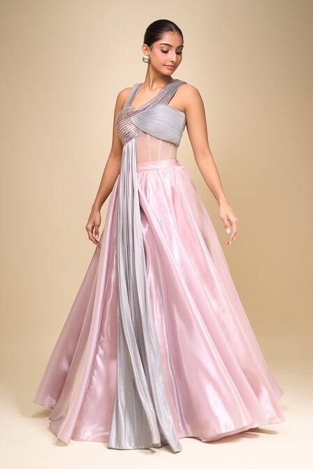 Shop_Amit Aggarwal_Pink Asymmetric Rose Draped Gown _Online_at_Aza_Fashions