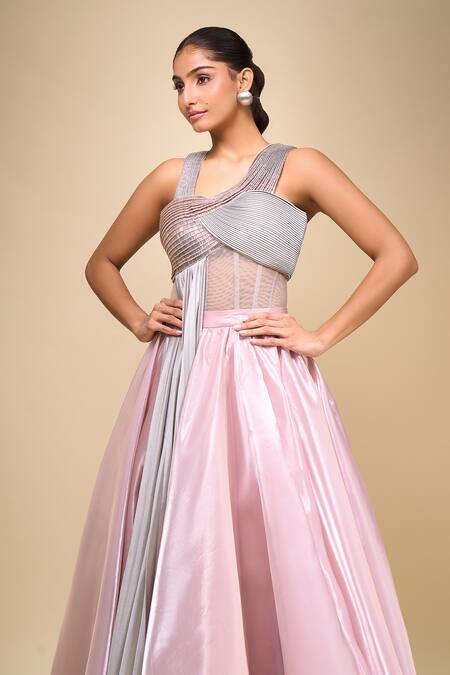 Amit Aggarwal_Pink Asymmetric Rose Draped Gown _at_Aza_Fashions