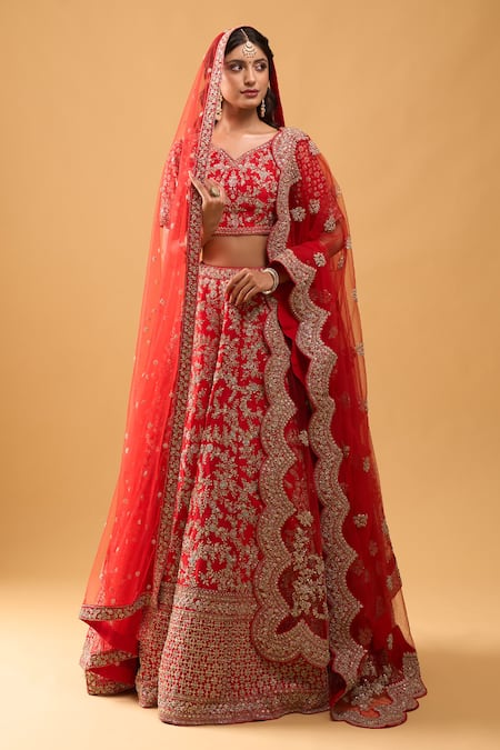 Azeera Red Sequins, Embroidery Leaf Neck Bridal Lehenga Set 