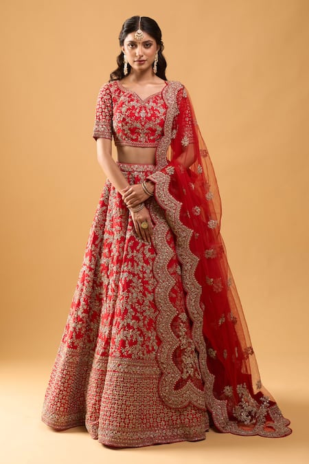 Azeera Red Sequins, Embroidery Leaf Neck Bridal Lehenga Set Online at Aza Fashions Azeera_Red Sequins, Embroidery Leaf Neck Bridal Lehenga Set _Online_at_Aza_Fashions