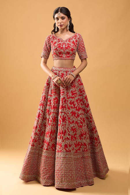 Buy Azeera Red Sequins, Embroidery Leaf Neck Bridal Lehenga Set Online at Aza Fashions Buy_Azeera_Red Sequins, Embroidery Leaf Neck Bridal Lehenga Set _Online_at_Aza_Fashions