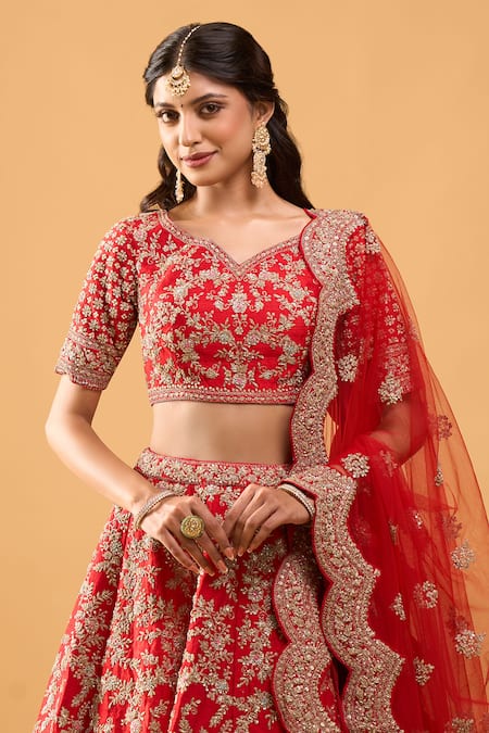 Shop Azeera Red Sequins, Embroidery Leaf Neck Bridal Lehenga Set Online at Aza Fashions Shop_Azeera_Red Sequins, Embroidery Leaf Neck Bridal Lehenga Set _Online_at_Aza_Fashions