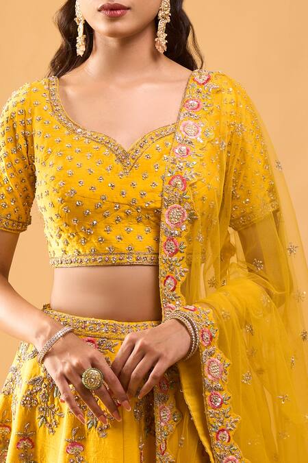 Azeera_Yellow Tassels, Embroidery Leaf Neck Mustard Floral Lehenga Set _at_Aza_Fashions