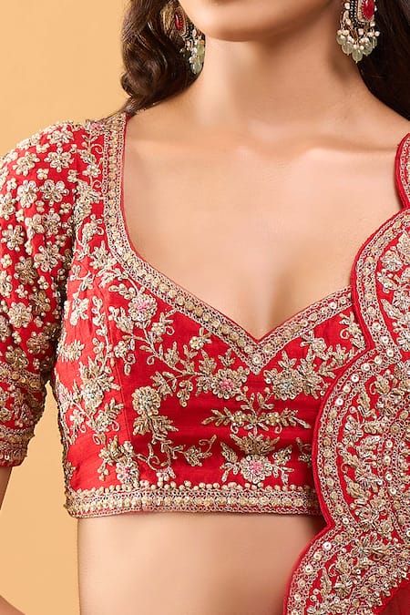Azeera Red Tassels, Embroidery V-neck Bridal Lehenga Set Online at Aza Fashions Azeera_Red Tassels, Embroidery V-neck Bridal Lehenga Set _Online_at_Aza_Fashions