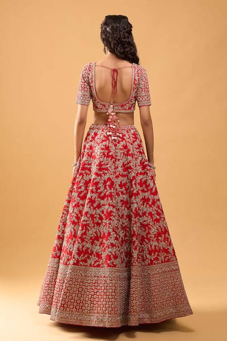 Shop Azeera Red Tassels, Embroidery V-neck Bridal Lehenga Set at Aza Fashions Shop_Azeera_Red Tassels, Embroidery V-neck Bridal Lehenga Set _at_Aza_Fashions