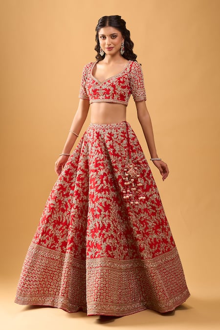 Shop Azeera Red Tassels, Embroidery V-neck Bridal Lehenga Set Online at Aza Fashions Shop_Azeera_Red Tassels, Embroidery V-neck Bridal Lehenga Set _Online_at_Aza_Fashions