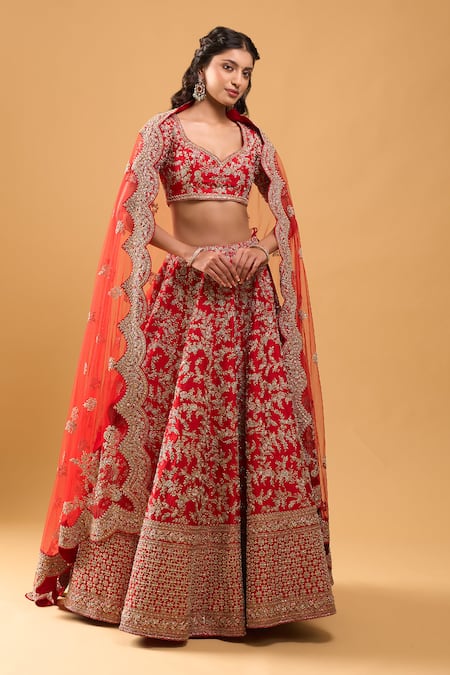 Azeera Red Tassels, Embroidery V-neck Bridal Lehenga Set at Aza Fashions Azeera_Red Tassels, Embroidery V-neck Bridal Lehenga Set _at_Aza_Fashions