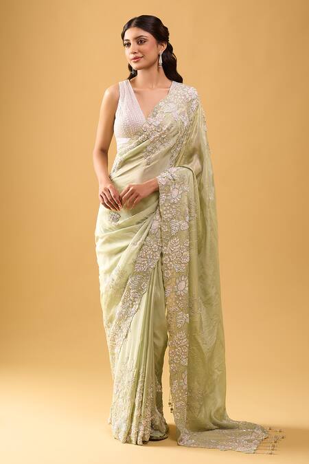 Azeera_Green Embroidery Aqua Saree With Unstitched Blouse Piece _Online_at_Aza_Fashions